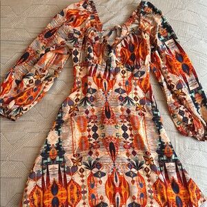 Mooya Paris Kaleidoscope Print Smocked Tie-front Mini Dress — Size S
